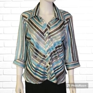 VTG DRESSBARN 1990s blue silver satin metallic striped ribbon button down shirt